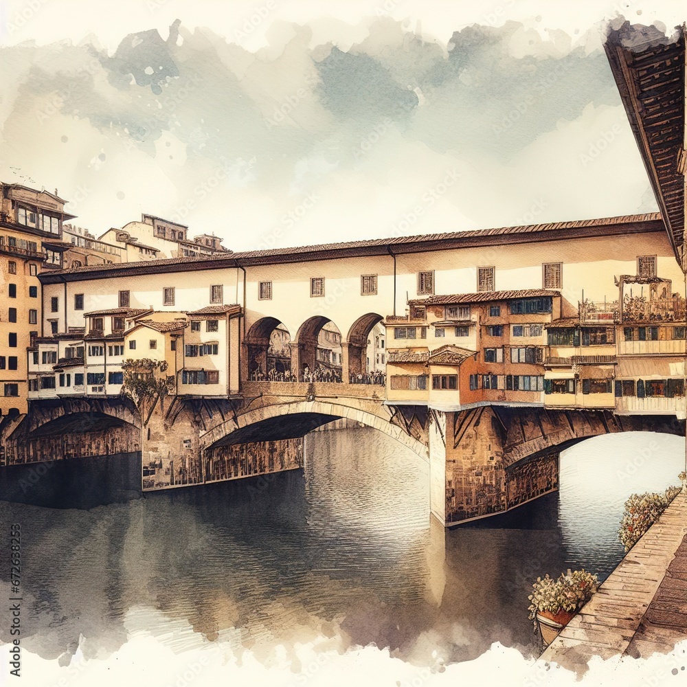 Naklejka premium watercolors of Florence Famous Italian bridge, Ponte Vecchio,