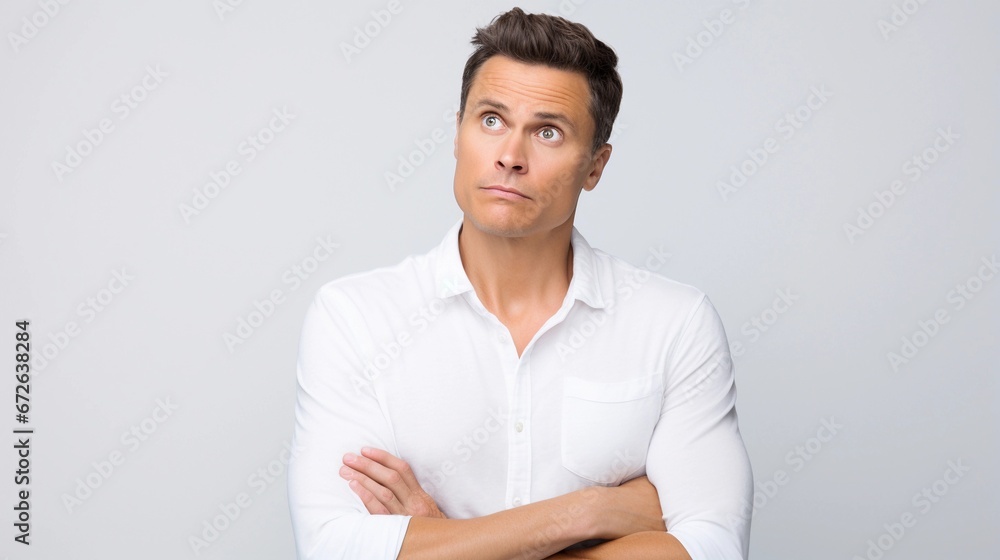 Portrait of a white male with thinking out loud expression against white background, AI generated, background image Portrait of a white male with thinking out loud expression against white background, AI generated, background image