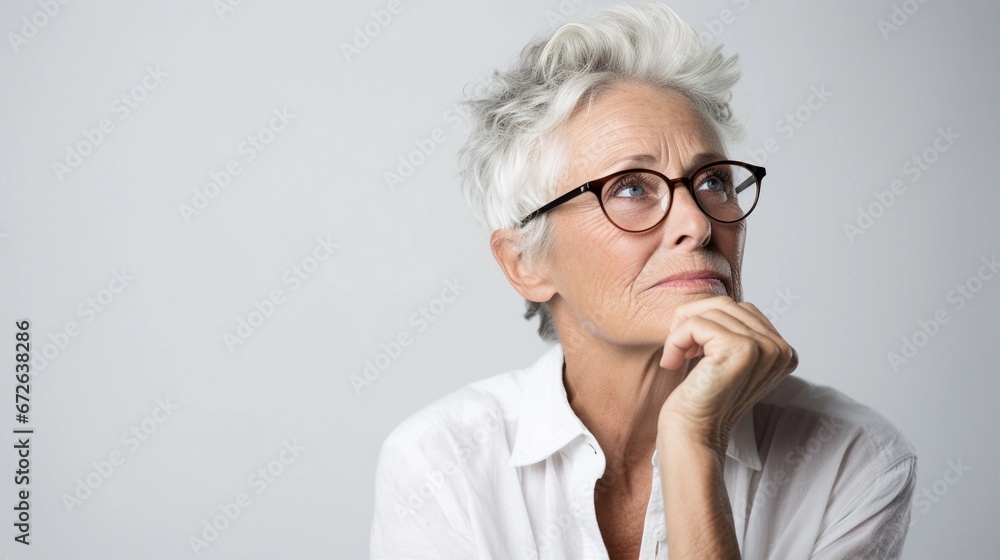 Portrait of a white old female with thinking out loud expression against white background, AI generated, background image Portrait of a white old female with thinking out loud expression against white background, AI generated, background image