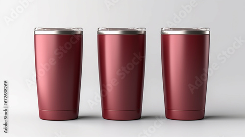 Set of Blank Empty Red Christmas Metallic Tumbler Cup with Lid, Isolated on White Background. Water Bottle, Product Mock-up - Coffee or Tea Tumbler, Travel Cup, 3D Render, Packaging. Generative AI.