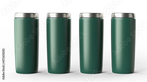 Set of Blank Empty Green Metallic Tumbler Cup with Lid, Isolated on White Background. Water Bottle, Product Mock-up - Coffee or Tea Tumbler, Travel Cup, 3D Render, Packaging. Generative AI.