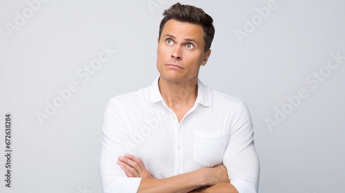 Portrait of a white male with thinking out loud expression against white background, AI generated, background image