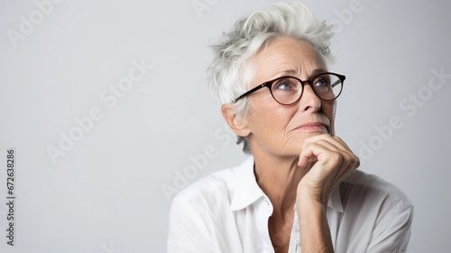 Portrait of a white old female with thinking out loud expression against white background, AI generated, background image