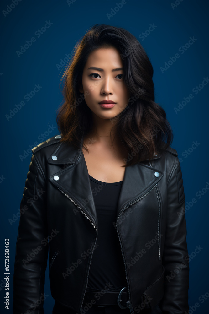 Beautiful fictional rocker girl portrait. Woman wearing leather jacket. Generative AI.
