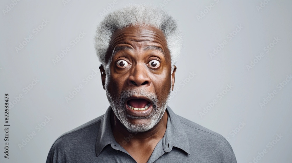 Portrait of an old black male with Shocked expression against white background, AI generated, background image