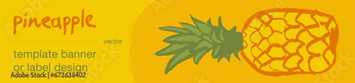  Template pineapple banner, pineapples illustration, hand drawn vector exotic fruit for vegan banner, juice or jam label design. Natural ananas background for healthy food packaging.