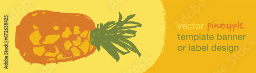  Template pineapple banner, pineapples illustration, hand drawn vector exotic fruit for vegan banner, juice or jam label design. Natural ananas background for healthy food packaging.