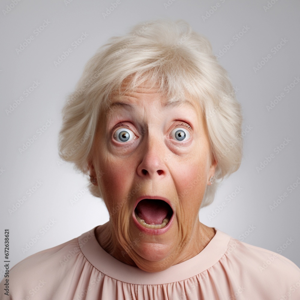 Portrait of an old white female with Shocked expression against white background, AI generated, background image Portrait of an old white female with Shocked expression against white background, AI generated, background image