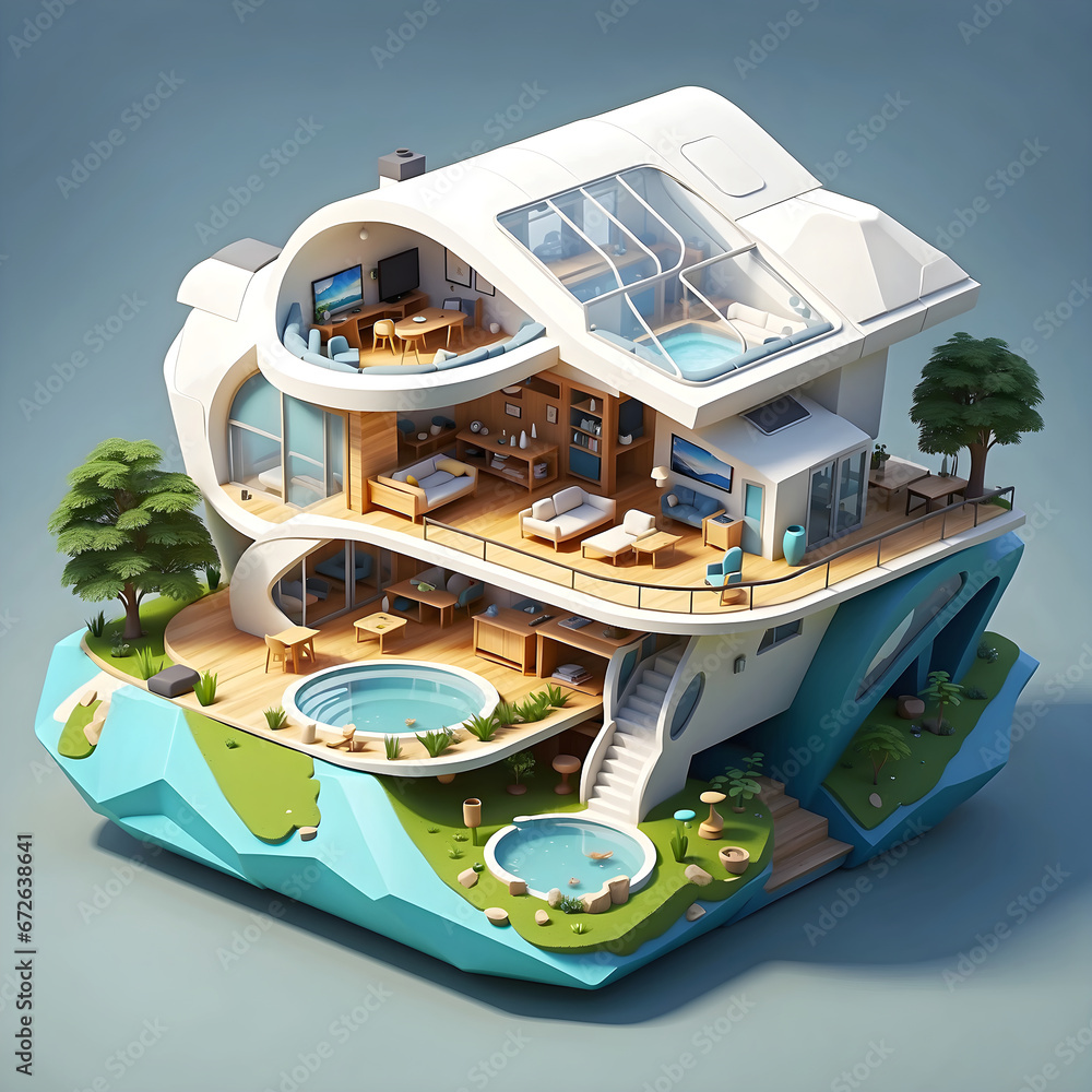 futuristic eco-friendly house with cutaway isometric low poly art 3d style - obrazy, fototapety, plakaty 