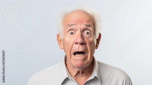 Portrait of an old white male with Shocked expression against white background, AI generated, background image