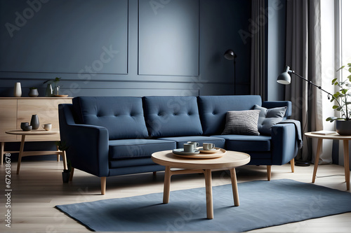 Dark blue sofa in scandinavian apartment. Interior design of modern living room
