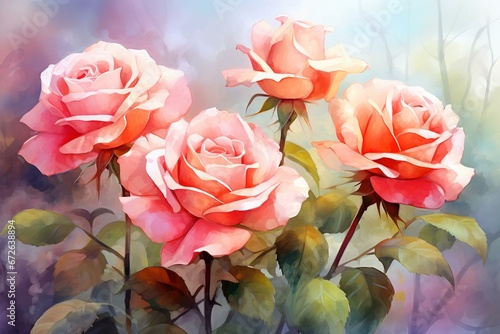 Artistic illustration of painted roses with a watercolor technique. Generative AI