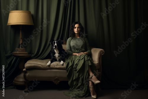 Beautiful fictional lady posing on a couch with her dog. Generative AI.