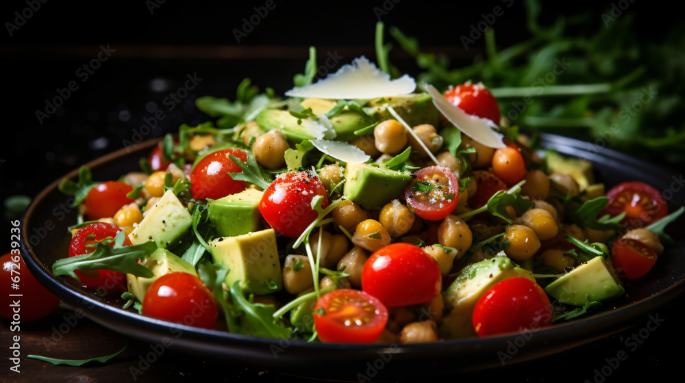 Healthy chickpeas salad with avocado arugula cherry