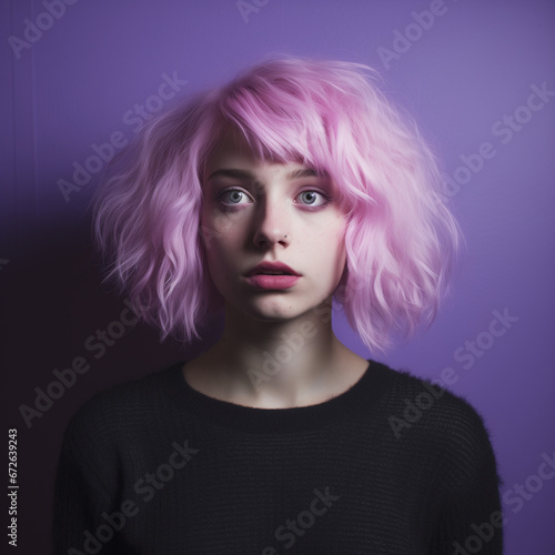 Portrait of a fictional woman with dyed pink short hair posing on a plain neutral background. Generative AI. © Tuyres