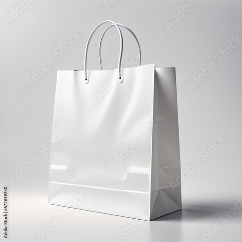 Sacola de compras de papel branco com alça de fita de pano. Embalagem de papelão butique, pacote de papel de loja, pacote de compras isolado, simulação de vetor 3d. Modelo realista em fundo branco. photo