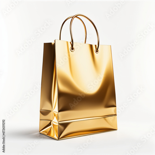 Sacola de compras de papel dourado com alça de fita dourada. Embalagem de papelão butique, pacote de papel de loja, pacote de compras isolado, simulação de vetor 3d. Modelo realista sem fundo, png. photo