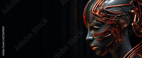 Robotic woman, face detail view. Portrait of robot woman close-up. Robotic woman with real face