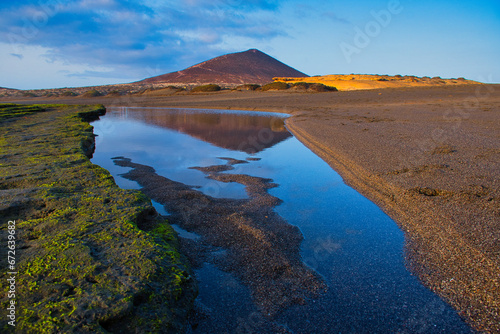 The dune, rocks and puddles at low tide at dawn