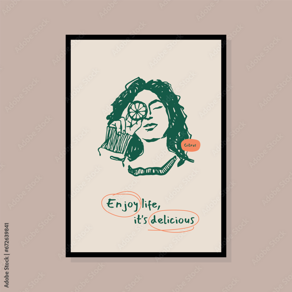 Minimalist hand drawn woman silhouette with food vector print poster. Art for postcards, branding, logo design, background. Minimalist hand drawn woman silhouette with food vector print poster. Art for postcards, branding, logo design, background.