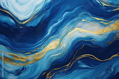 Abstract blue wave with gold lines. Subtle waves of paint, abstract blue waves of the ocean, lines of marble