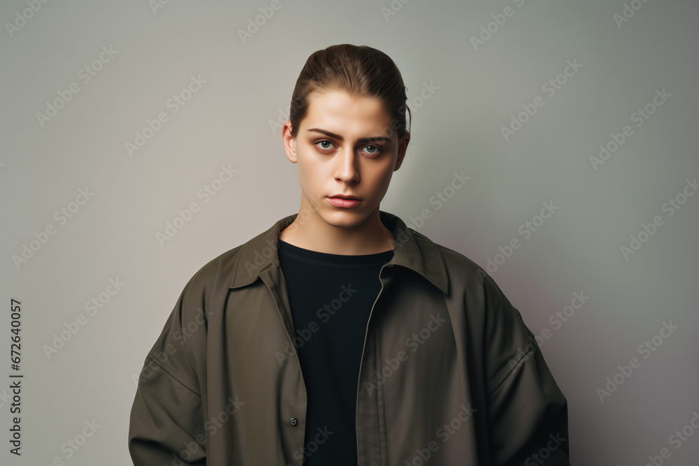 Portrait of a fictional young short haired model with large clothes posing on a neutral background. Generative AI. Portrait of a fictional young short haired model with large clothes posing on a neutral background. Generative AI.