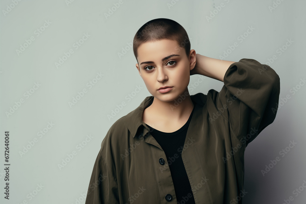 Portrait of a fictional young short haired model with large clothes posing on a neutral background. Buzzcut Hairstyle. Generative AI. Portrait of a fictional young short haired model with large clothes posing on a neutral background. Buzzcut Hairstyle. Generative AI.