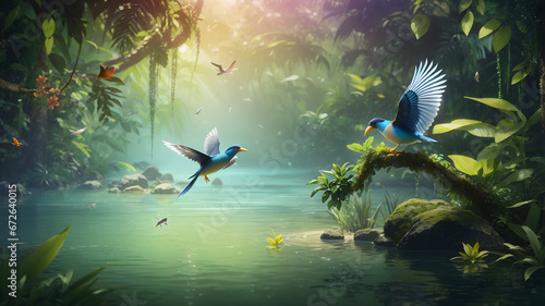 Bird Flying over the River in a Jungle 