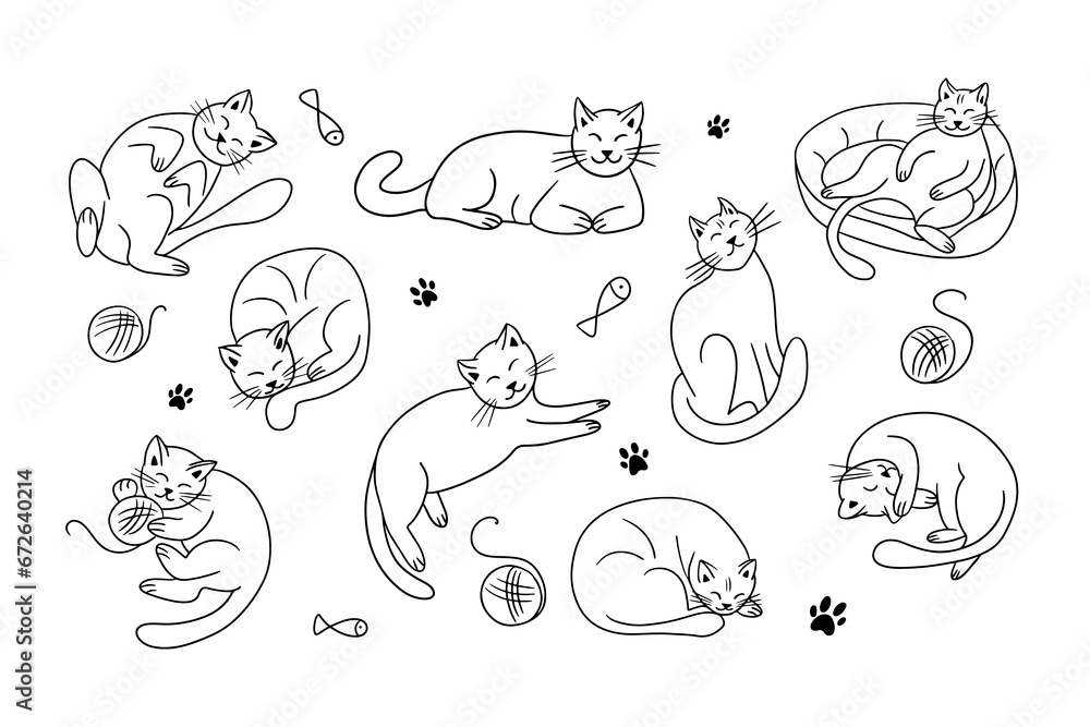Puffy doodle outline cats collection