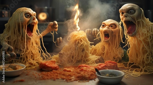 Fototapeta AI generated illustration of cartoon monsters gathered around a table, one eating spaghetti