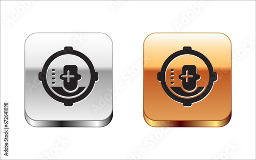Black Headshot icon isolated on white background. Sniper and marksman is shooting on the head of man, lethal attack, assault and assassination. Silver and gold square buttons. Vector