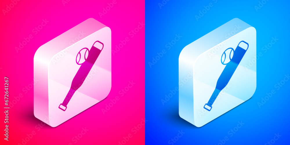 Isometric Baseball bat with ball icon isolated on pink and blue background. Silver square button. Vector Isometric Baseball bat with ball icon isolated on pink and blue background. Silver square button. Vector