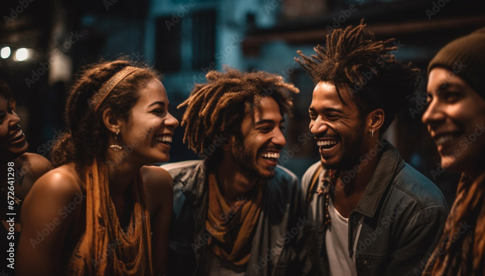 A carefree group of young adults enjoy nightlife and togetherness generated by AI A carefree group of young adults enjoy nightlife and togetherness generated by AI