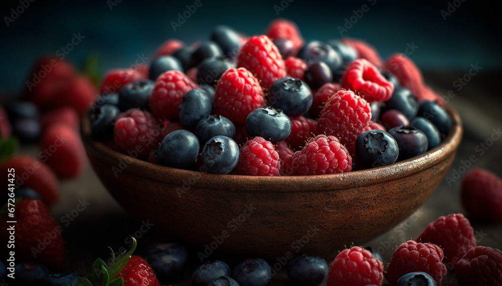 Ripe berry fruit bowl on rustic wood table, healthy dessert generated by AI Ripe berry fruit bowl on rustic wood table, healthy dessert generated by AI