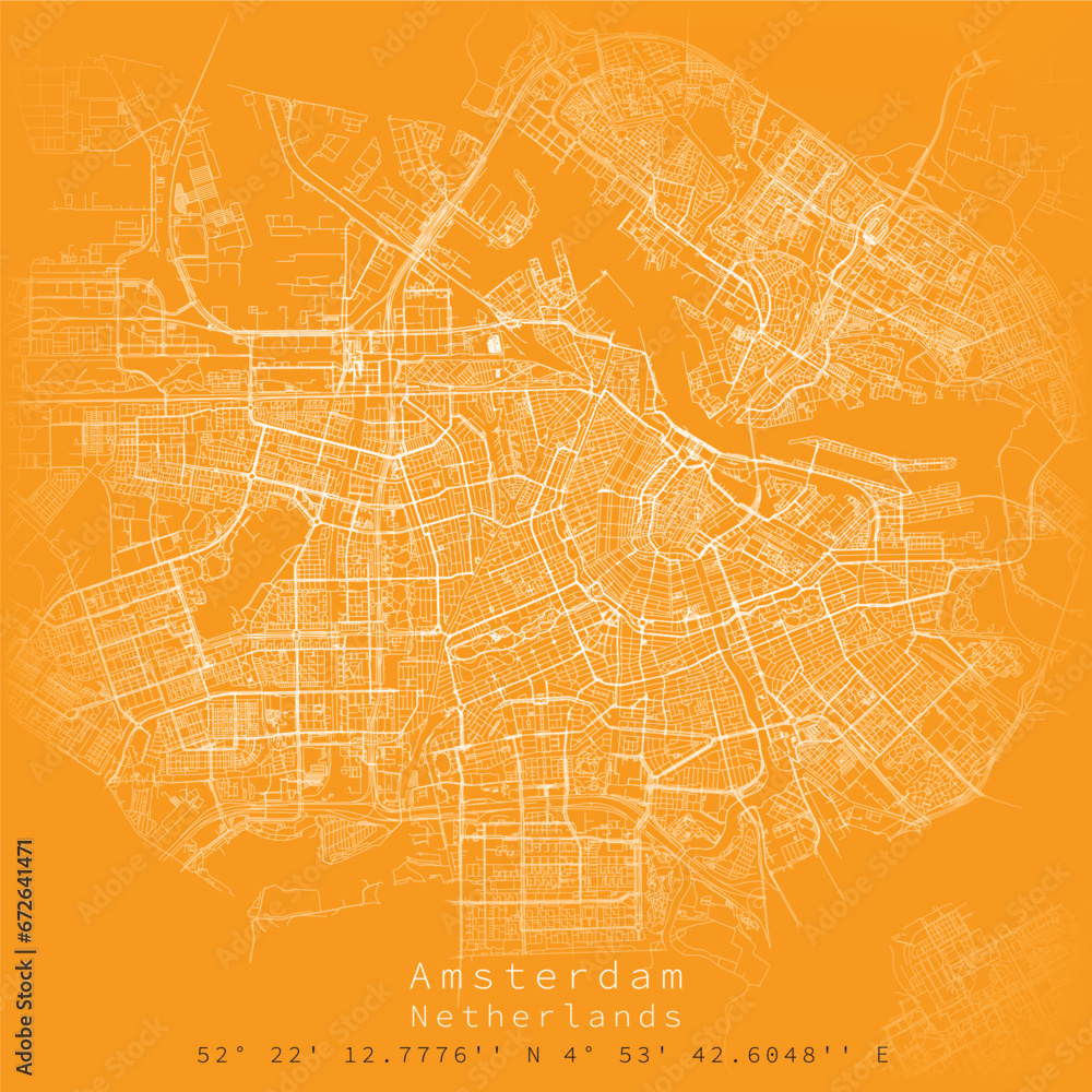 Amsterdam city Urban Streets Roads Map, Printable Map of Amsterdam Netherland with detailed street , High-quality printable poster wall art for home or office.