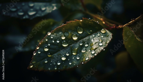 Fresh dew drops on vibrant green leaf  nature beauty close up generated by AI