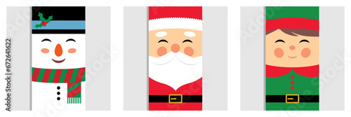 Snowman, Christmas elf, and Santa Claus in a flat design. Vector illustration, Christmas character greeting template design for label, tag, bookmark, card, and print