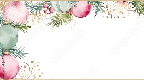 Christmas border with pink balls on white background. Watercolor Christmas and New Year background