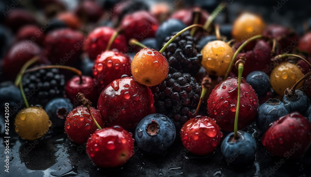 Juicy berry fruits in a bowl, a refreshing summer snack generated by AI Juicy berry fruits in a bowl, a refreshing summer snack generated by AI