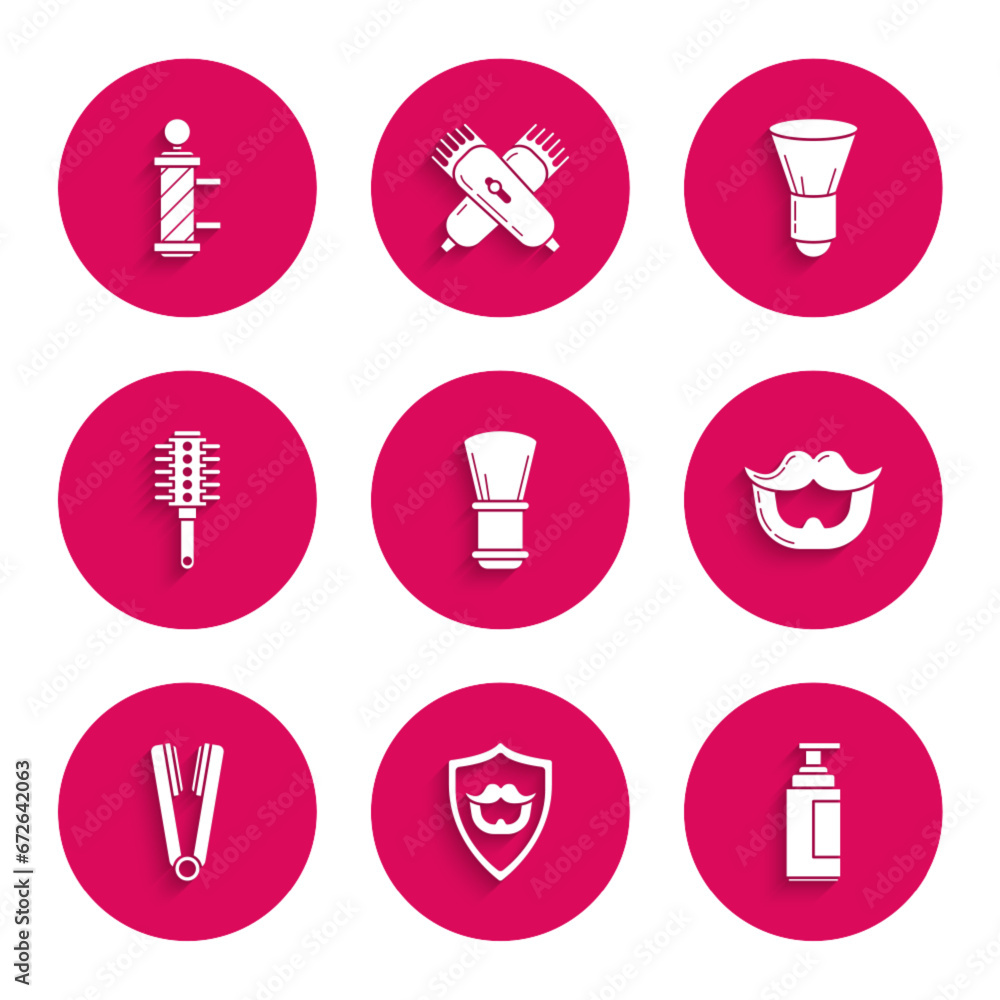 Set Shaving brush, Mustache and beard on shield, Cream or lotion cosmetic tube, Curling iron for hair, Hairbrush, and Classic Barber shop pole icon. Vector Set Shaving brush, Mustache and beard on shield, Cream or lotion cosmetic tube, Curling iron for hair, Hairbrush, and Classic Barber shop pole icon. Vector