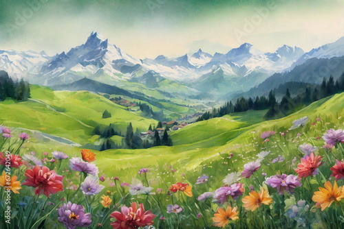 Beautiful Snow-covered hills in the distance view landscape with sky, clouds and colorfull digital  painting, Beautiful field of tulips  growing on the slope.  © Naima’s Creation