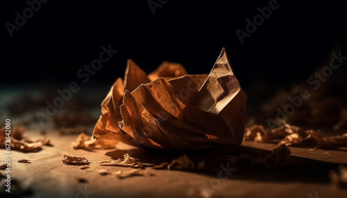 Golden ship sails on crumpled chocolate sea, a luxurious dessert generated by AI