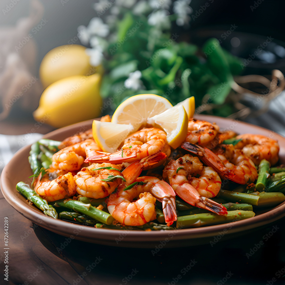 Grilled shrimp with asparagus and lemon.