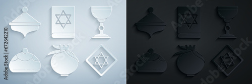 Set Pomegranate, Jewish goblet, sweet bakery, Star of David, torah book and Hanukkah dreidel icon. Vector