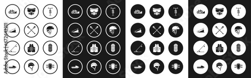 Set Bicycle, Crossed paddle, Skateboard on street ramp, Helmet, Diving mask, Climber rope and icon. Vector