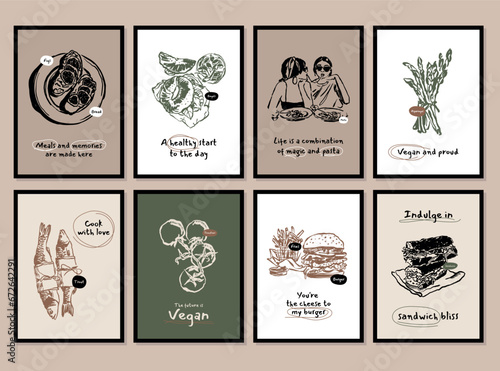 Minimalist hand drawn food and drink vector illustration collection. Art for postcards, branding, logo design, background.