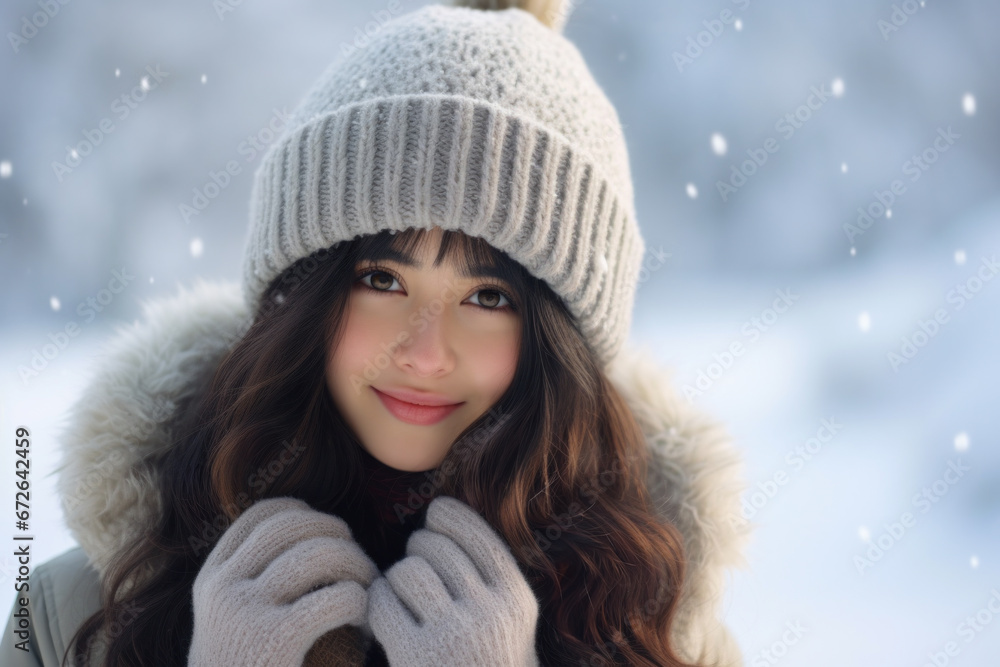 Beautiful young japanese woman outdoors in winter snowfall. Dressed in warm winter clothes. Selective focus, shallow depth of field, bokeh background. Beautiful young japanese woman outdoors in winter snowfall. Dressed in warm winter clothes. Selective focus, shallow depth of field, bokeh background.