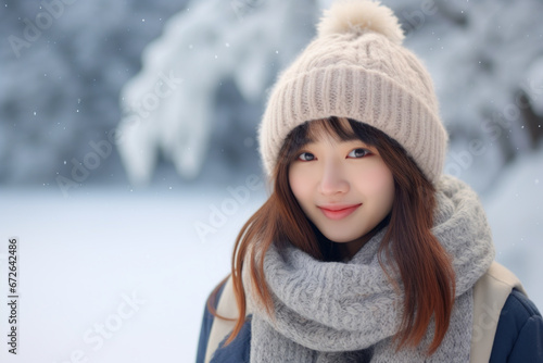 Beautiful young japanese woman outdoors in winter snowfall. Dressed in warm winter clothes. Selective focus, shallow depth of field, bokeh background. © ekim