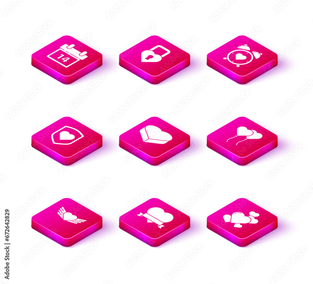 Set Heart with wings, and ribbon, shield, Candy heart shaped box, Balloons form of, the center alarm clock and Castle icon. Vector Set Heart with wings, and ribbon, shield, Candy heart shaped box, Balloons form of, the center alarm clock and Castle icon. Vector