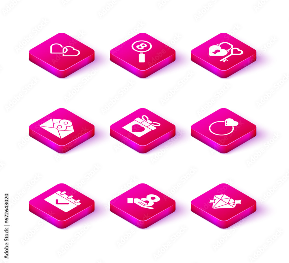 Set Calendar with 8 March, on hand, Envelope, Gift box heart, Diamond, Wedding rings, Castle key shape and Search icon. Vector Set Calendar with 8 March, on hand, Envelope, Gift box heart, Diamond, Wedding rings, Castle key shape and Search icon. Vector